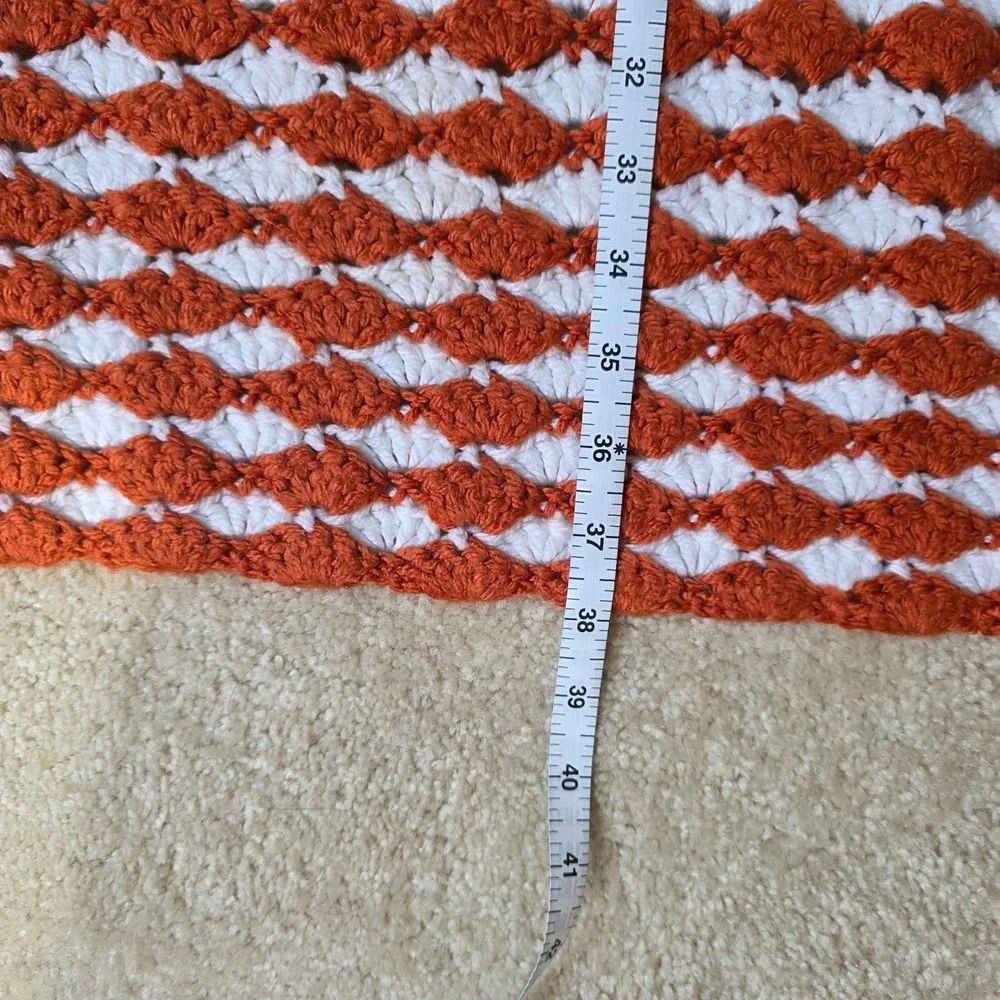 Handmade Crochet Shell Stitch Throw Blanket Burnt Orange White Striped 38x28